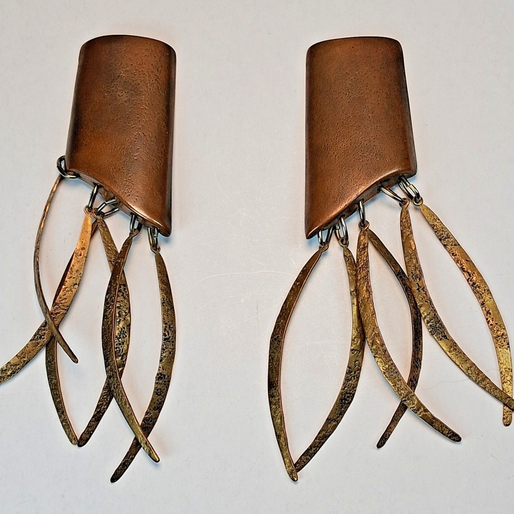 Vintage MCM Brutalist Copper Clip On Earrings Mixed Metal Dangle Artisan Studio